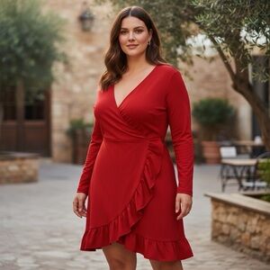 Pretty Little Things Womens 20 Red Ruffle Detail Wrap Dress Long Sleeve Holiday